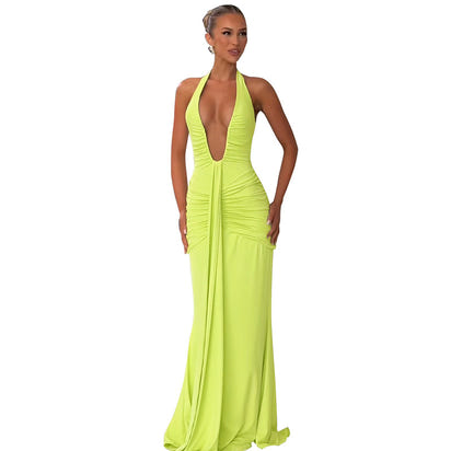 Elegant Halter Neck Backless Pleated Dress