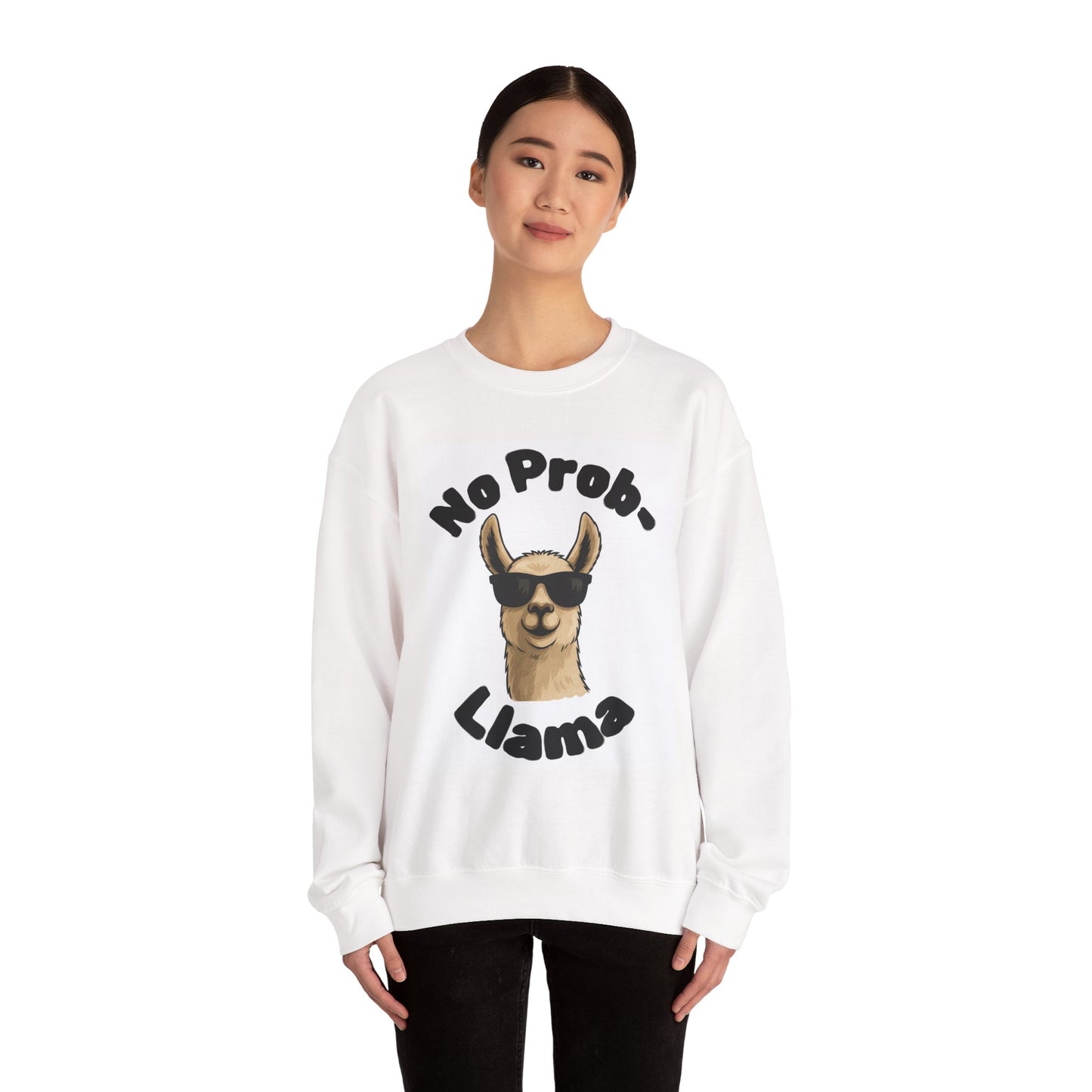 White No Prob-Llama Sweatshirt | Cute Llama Pun Crewneck | Cozy Unisex Gift for Animal Lovers | Humor Graphic Sweater