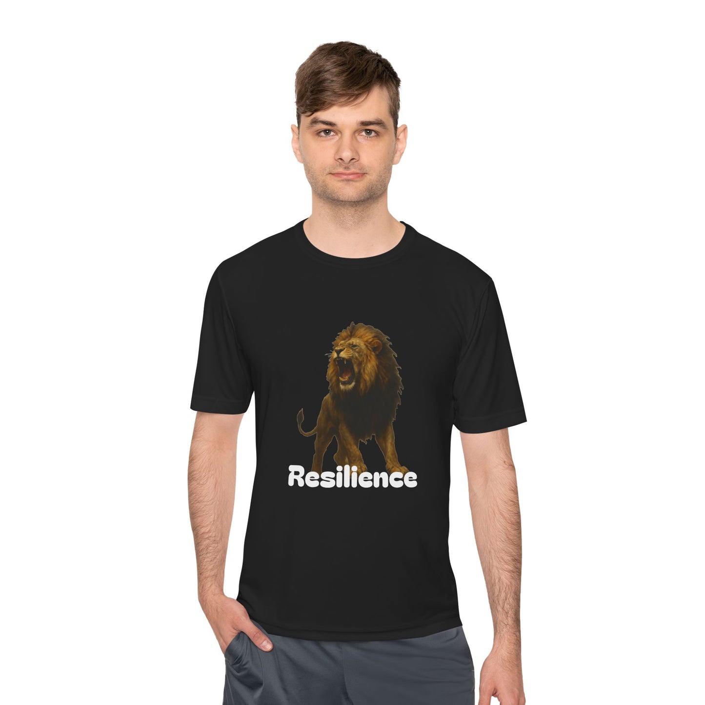 Black T-Shirt, Resilience Lion Tee, Unisex Moisture Wicking T-Shirt, Gym Shirt, Motivational Apparel, Workout Top, Lion Graphic Tee