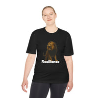 Black T-Shirt, Resilience Lion Tee, Unisex Moisture Wicking T-Shirt, Gym Shirt, Motivational Apparel, Workout Top, Lion Graphic Tee