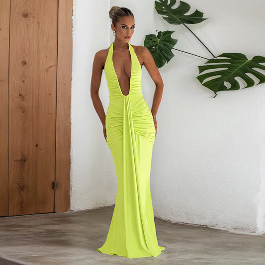 Elegant Halter Neck Backless Pleated Dress