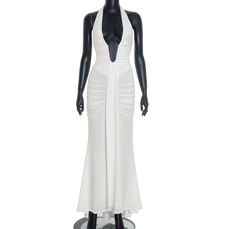 Elegant Halter Neck Backless Pleated Dress